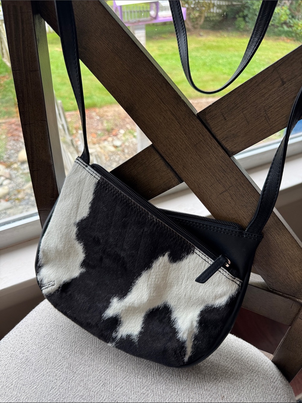 Black White Genuine Cowhide Leather Trim Crossbody Shoulder Bag